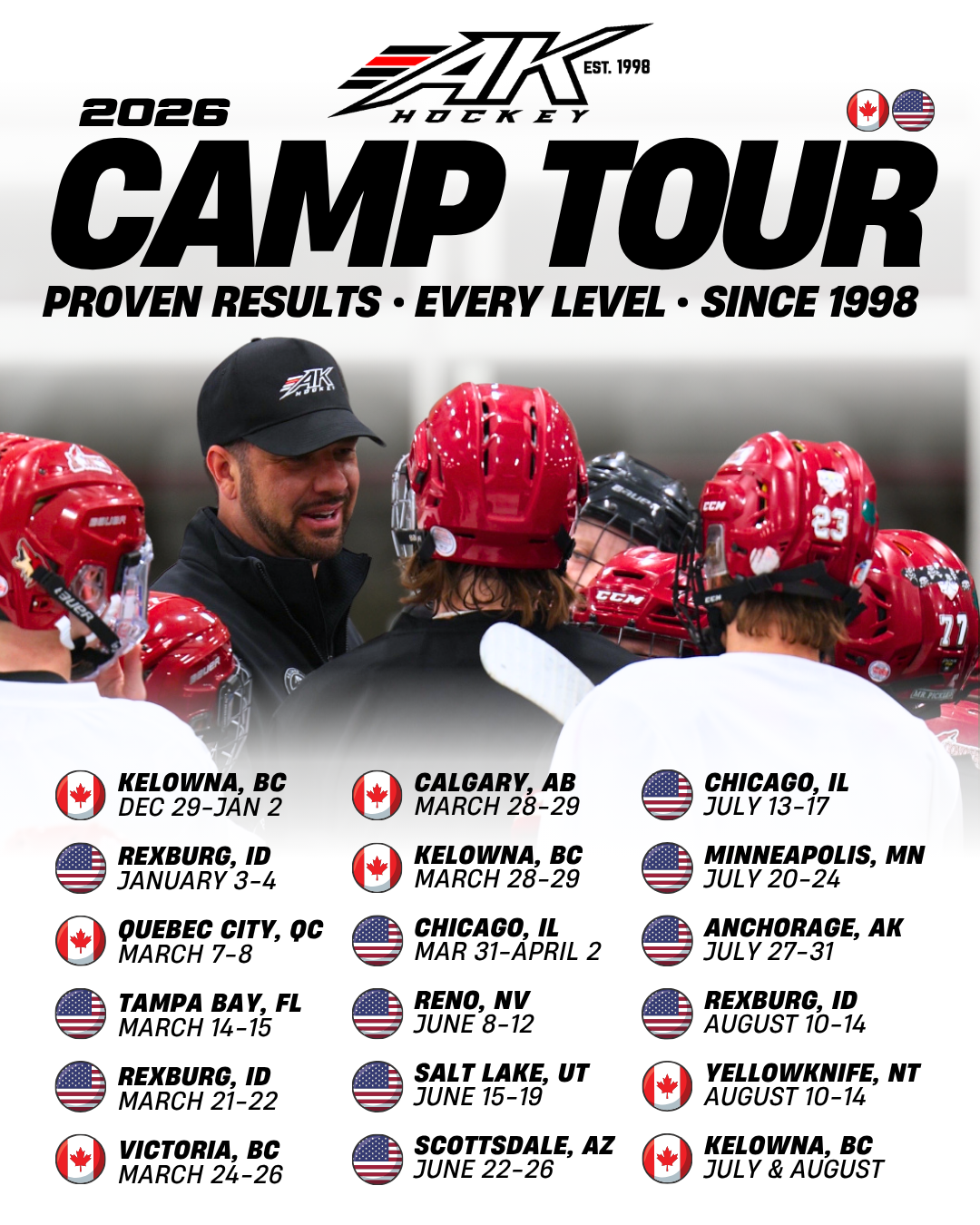 AK Hockey 2025-26 Camp Tour schedule, 18 cities across the US and Canada